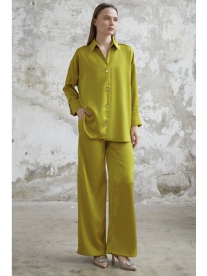 inStyle Saten Gömlek Pantolon Yağ Yeşili Takım