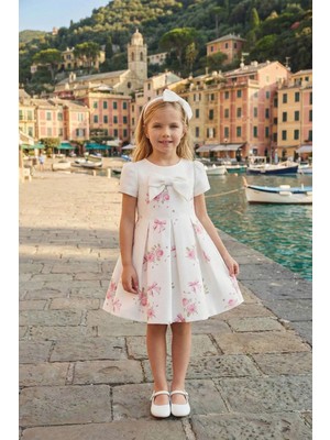 Pamina Kız Çocuk Çicek ve Kursele Desenli Fiyonklu Elbise ve Saç Banlıı Bayram - Doğum Günü - Partielbisesi 3-7 Yaş 36192PR-EKRU