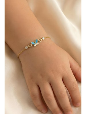 Söğütlü Silver 925 Ayar Gümüş Bileklik Altın Yaldızlı Mavi Mineli Kelebek Figürlü Çocuk Bileklik SGTL13295GOLD