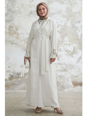 inStyle Taş Detay Keten Elbiseli Beyaz Takım