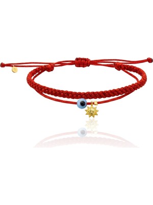 Söğütlü Silver 925 Ayar Gümüş Bileklik Altın Yaldızlı Nazar Boncuklu ve Güneş Figürlü Ikili Kırmızı Ip Bileklik - Şans Bilekliği SGTL13292GOLD