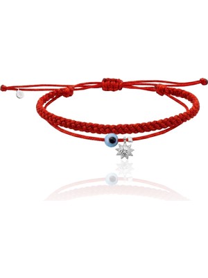 Söğütlü Silver 925 Ayar Gümüş Bileklik Rodyumlu Nazar Boncuklu ve Güneş Figürlü Ikili Kırmızı Ip Bileklik - Şans Bilekliği SGTL13292RODAJ