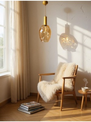 Allians El Yapımı Şık Damla Bal Camlı, Eskitme Altın Detaylı Avize