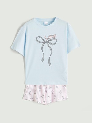 Lcw Mavi Fiyonk Baskılı Kız Çocuk Şortlu Pijama Takımı