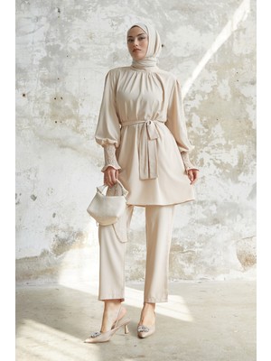 inStyle Taş Detaylı Balon Kol Ikili Bej Saten Takım