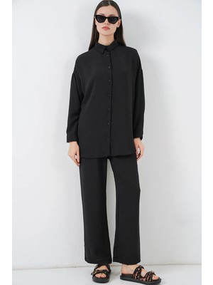 Hiccup Kadın Bdart Oversize Düğmeli Gömlek ve Geniş Paçalı Pantolon Takımı Siyah