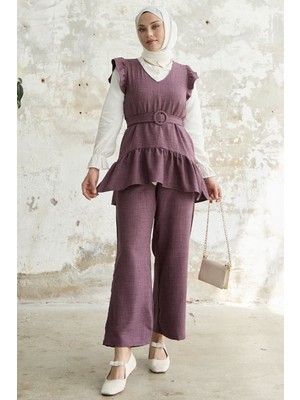 inStyle Omuzu Fırfırlı Üçlü Mürdüm Takım