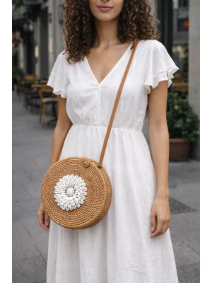 El Yapımı Yuvarlak Hasır Kadın Omuz Çantası – Bohem Stil Çapraz Askılı Günlük Kullanım Örgü Çanta