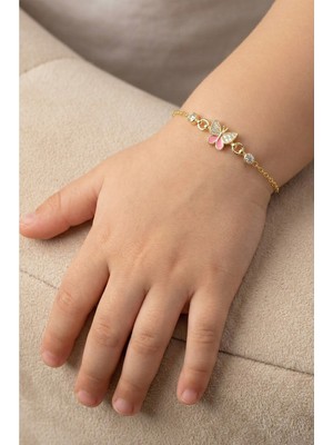 Söğütlü Silver 925 Ayar Gümüş Pembe Mineli Altın Kaplama Kelebek Figürlü Çocuk Bileklik SGTL13297GOLD