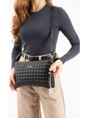 Oldso Kadın Suni Deri Siyah Mozaik Desen Çapraz ve El Askılı Portföy Clutch