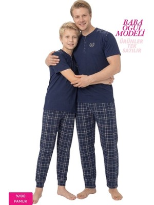 Bie's Çocuk Erkek Lacivert 3 Düğmeli Desenli %100 Pamuk Penye Kısa Kol Pijama Takımı-Baba Oğul Modeli-Tek Ürün Fiyatı
