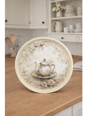 Zucci Home English Vintage Büyük Çay Servis Tepsisi | English Tea | Yuvarlak Büyük Sunum Tepsisi - 36X36 cm