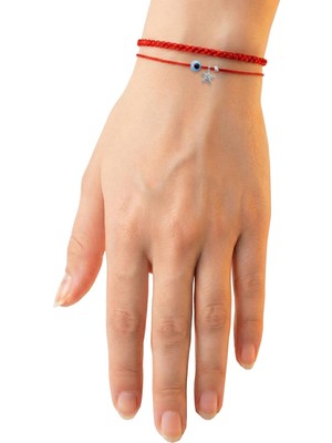 Söğütlü Silver 925 Ayar Gümüş Rodyumlu Deniz Yıldızı ve Nazar Boncuklu Ikili Kırmızı Ip Bileklik - Şans Bilekliği SGTL13293RODAJ