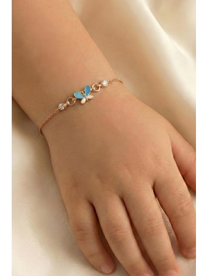 Söğütlü Silver 925 Ayar Gümüş Bileklik Rose Mavi Mineli Kelebek Figürlü Çocuk Bileklik SGTL13295ROSE