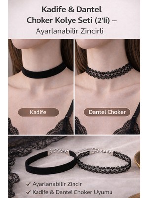 Liora De Mar Kadife & Dantel Choker Kolye Seti – Ayarlanabilir Zincirli, Minimal ve Şık Tasarım