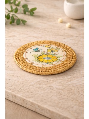 Ocean Point El Örmesi Doğal Rattan ve El Boyaması Seramik Bardak Altlığı, Bohem Şık Dekoratif Nihale, 14 cm