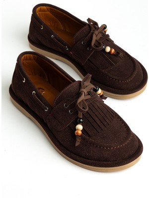 Senzora Acıkahve Süet Püsküllü Boncuklu Kadın Loafer Ayakkabı