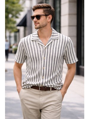 Zueofficial Erkek Füme Çizgili Jakar Kumaş Kısa Kollu Gömlek – Rahat Kalıp