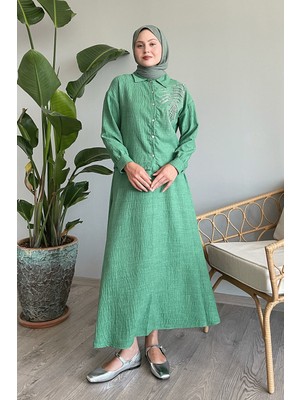 inStyle Boncuklu Etekli Yeşil Keten Takım