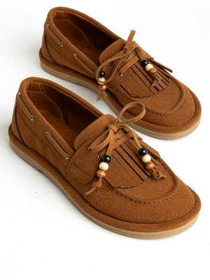 Senzora Taba Süet Püsküllü Boncuklu Kadın Loafer Ayakkabı