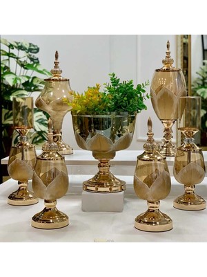 Dekor Arya 7 Parça Salon Konsol Aksesuar Seti Yaprak Gold Krem