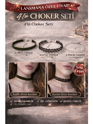 Liora De Mar 4’lü Choker Kolye Seti | Kadife, Dantel ve 2 Zincir Tasarım | Ayarlanabilir | Şık & Modern Aksesuar