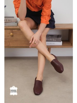 Mio Gusto Aria Hakiki Deri Bordo Renk Küt Burunlu Kadın Loafer Ayakkabı
