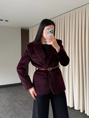 Laluvia Bordo Leopar Kemerli Ceket - 9614