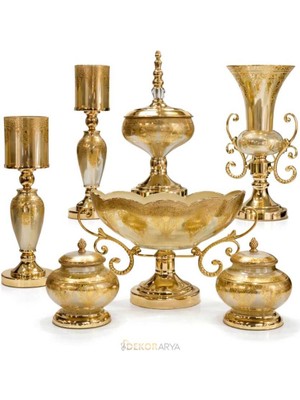 Dekor Arya Imperial Royal Crest 7 Parça Salon Aksesuar Seti – Gold & Bej, Klasik Lüks Dekor