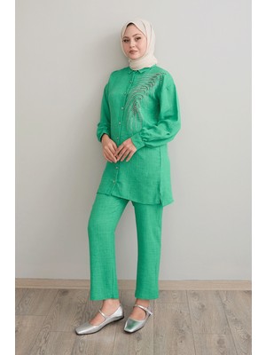 inStyle Yaprak Taş Işleme Yeşil Keten Takım