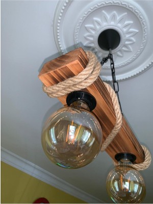 Allians Şık Ahşap Halatlı Rustik Çift Sarkıt Avize, Modern ve Doğal Dekorasyon