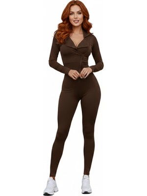 Lismina Shadow Fit Kahverengi Spor Tayt Tulum