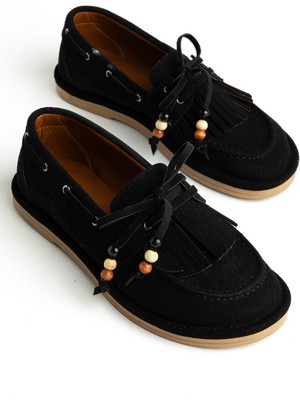 Senzora Siyah Süet Püsküllü Boncuklu Kadın Loafer Ayakkabı