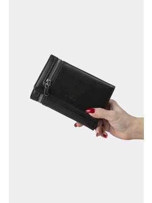 Massarelli Rewina x Hakiki Deri Kadın Cüzdan Kartlık ve Bozuk Para Bölmeli Siyah MCZ9716