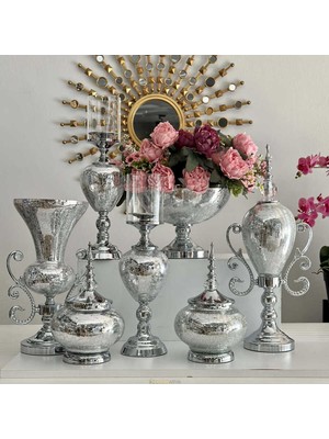 Dekor Arya 7 Parça Salon Konsol Aksesuar Seti – Gümüş, Klasik & Şık Dekor