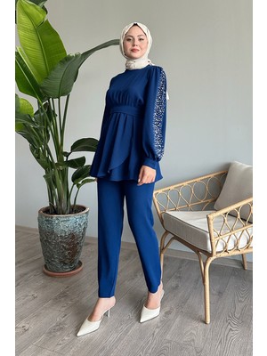 inStyle Kolu Inci Beli Büzgülü Indigo Takım