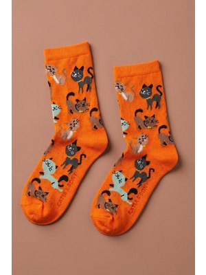 Kedi Desenli Turuncu Çocuk Soket Çorap
