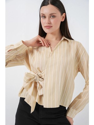 Hiccup Kadın Bdart Çizgili Uzun Kollu Bağlama Detaylı Gömlek Bej Doğal