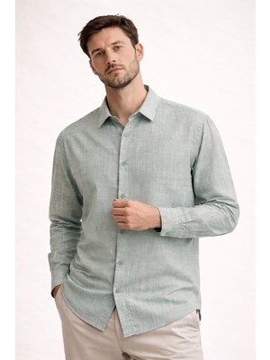 Danger Premium Flamlı Pamuklu Keten Görünümlü Erkek Gömlek Petrol Yeşili