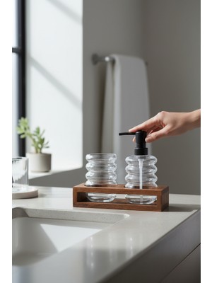 Akayev 2 Bölmeli Akasya Standlı Cam Sabunluk ve Diş Fırçalık Seti