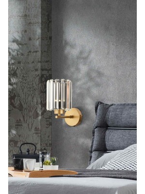 Allians Şık Kristal Taşlı Modern Duvar Aplik, Eskitme Gold Gövde, Elektrikli Kullanım