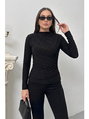 Spirituel Kadın Bluz Taşlı Drapeli Uzun Kollu Sandy Kumaş Kısa Şık Bluz