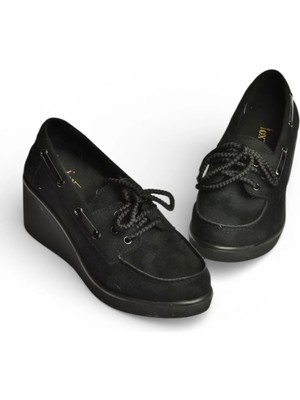 Fox Shoes Y602006402 Siyah Süet Dolgu Tabanlı Kadın Ayakkabı