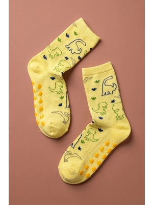 Dinozor Desenli Sarı Çocuk Soket Çorap