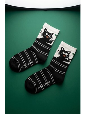 Kedi Desenli Siyah Çocuk Soket Çorap
