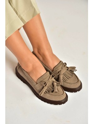 Fox Shoes Y996653002 Vizon Süet Püskül Detaylı Kadın Makosen Ayakkabı