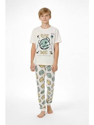 Isobel Isob Ekru Ayıcık Desenli %100 Pamuk Kısa Kollu Erkek Çocuk Pijama Takımı 8-13 Yaş 41513