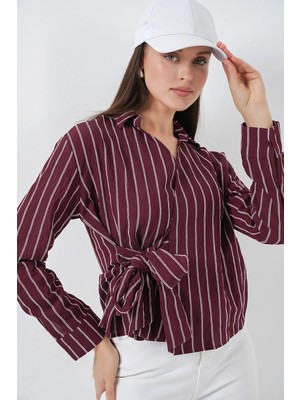 Hiccup Kadın Bdart Çizgili Uzun Kollu Bağlama Detaylı Gömlek Bordo Kırmızı