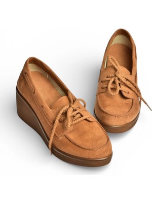 Fox Shoes Y602006402 Taba Süet Dolgu Tabanlı Kadın Ayakkabı