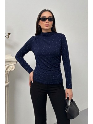 Spirituel Kadın Bluz Taşlı Drapeli Uzun Kollu Sandy Kumaş Kısa Şık Bluz